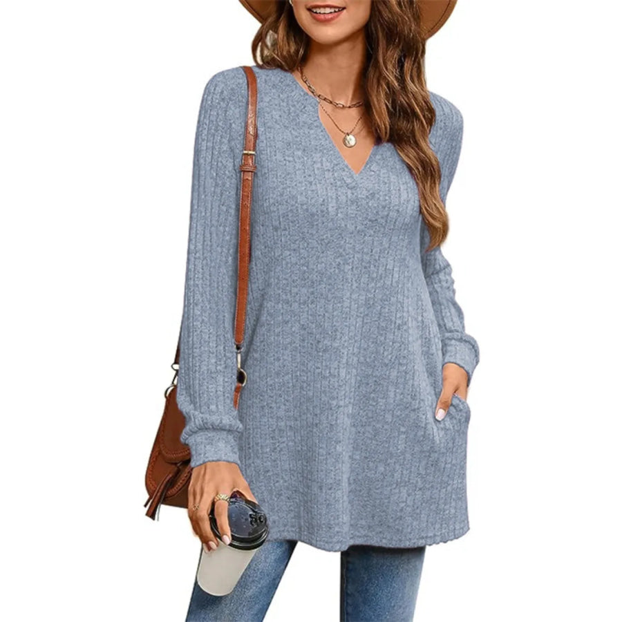 Ribbed Notched Long Sleeve T-Shirt Apparel and Accessories