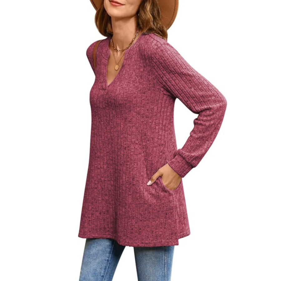 Ribbed Notched Long Sleeve T-Shirt Apparel and Accessories