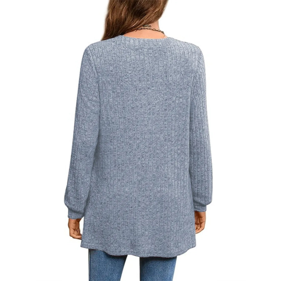 Ribbed Notched Long Sleeve T-Shirt Apparel and Accessories