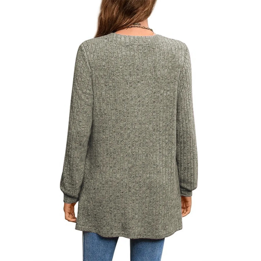 Ribbed Notched Long Sleeve T-Shirt Apparel and Accessories