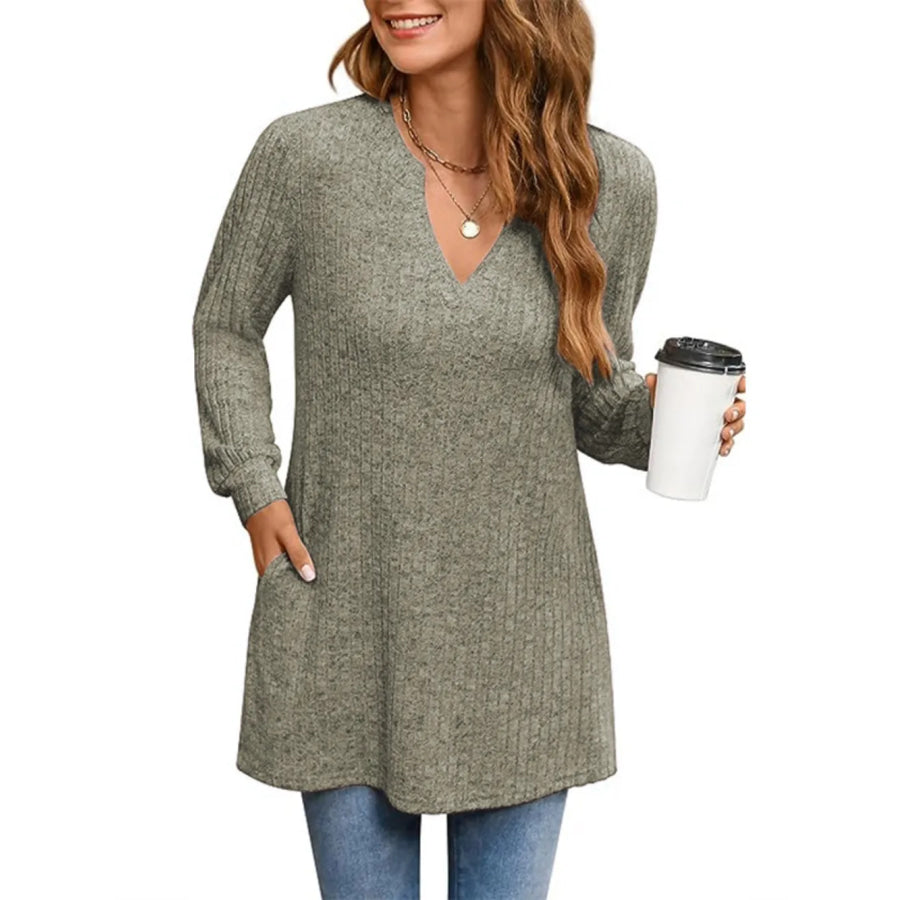 Ribbed Notched Long Sleeve T-Shirt Apparel and Accessories
