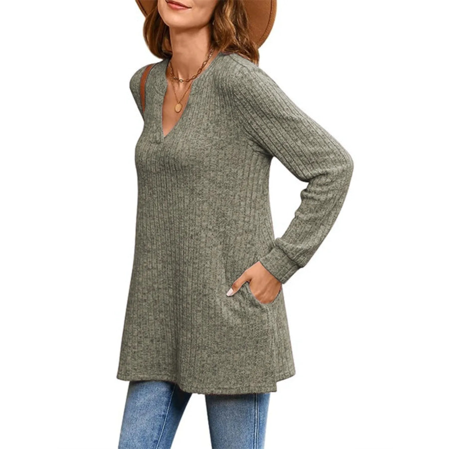 Ribbed Notched Long Sleeve T-Shirt Apparel and Accessories