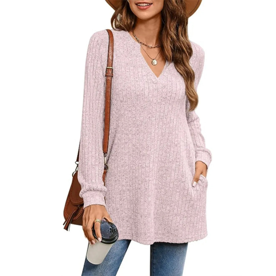 Ribbed Notched Long Sleeve T-Shirt Blush Pink / S Apparel and Accessories