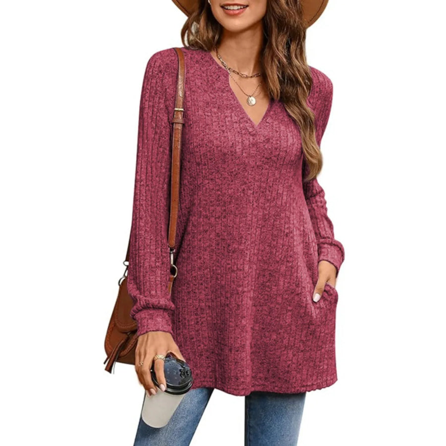 Ribbed Notched Long Sleeve T-Shirt Deep Purple / S Apparel and Accessories