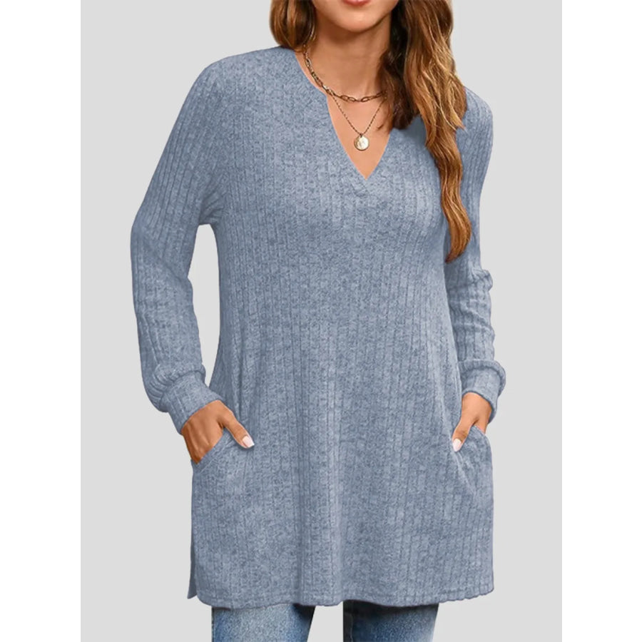 Ribbed Notched Long Sleeve T-Shirt Light Blue / S Apparel and Accessories