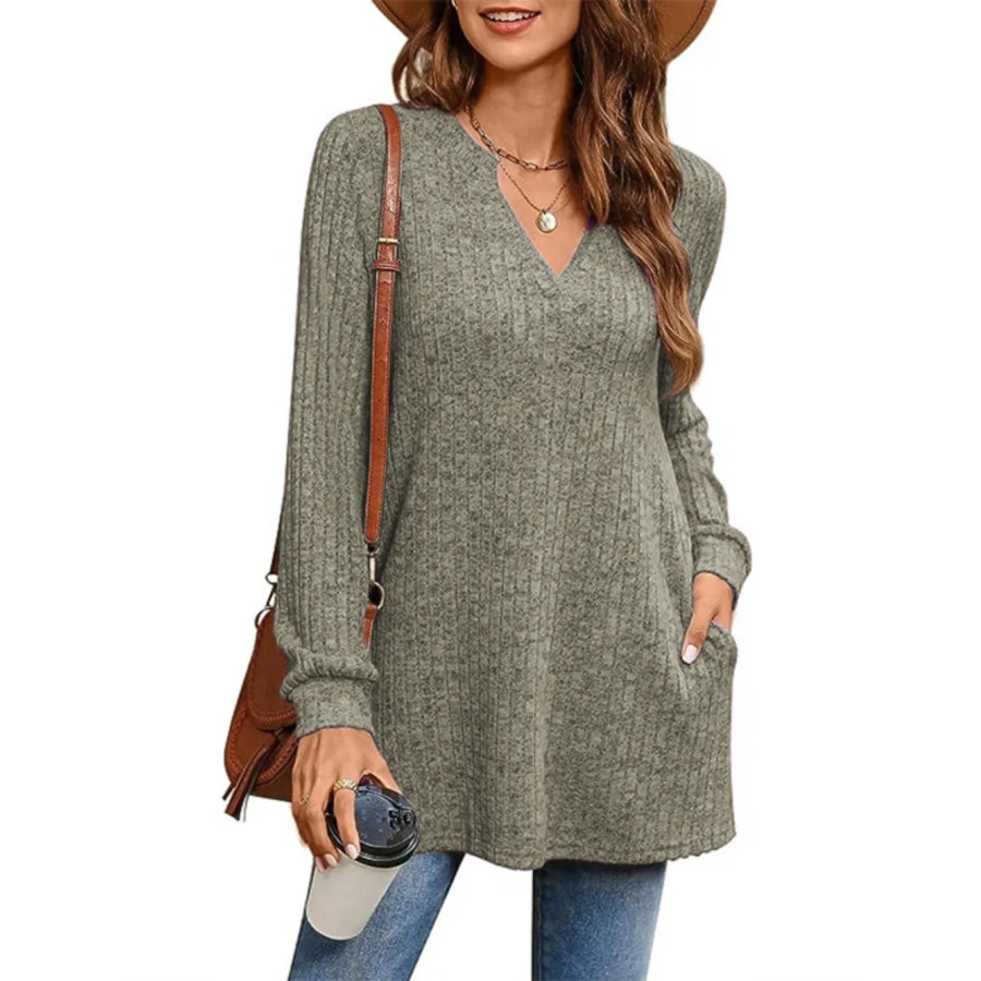 Ribbed Notched Long Sleeve T-Shirt Moss / S Apparel and Accessories