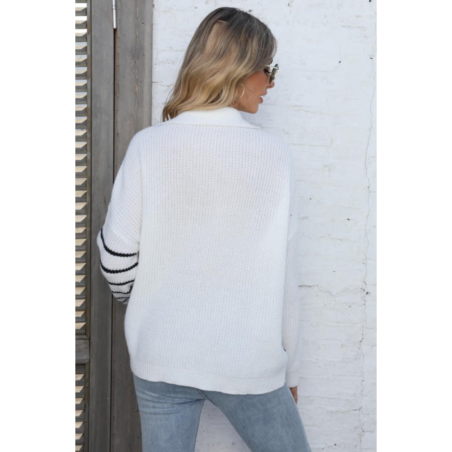 Ribbed Notched Neck Striped Long Sleeve Sweater