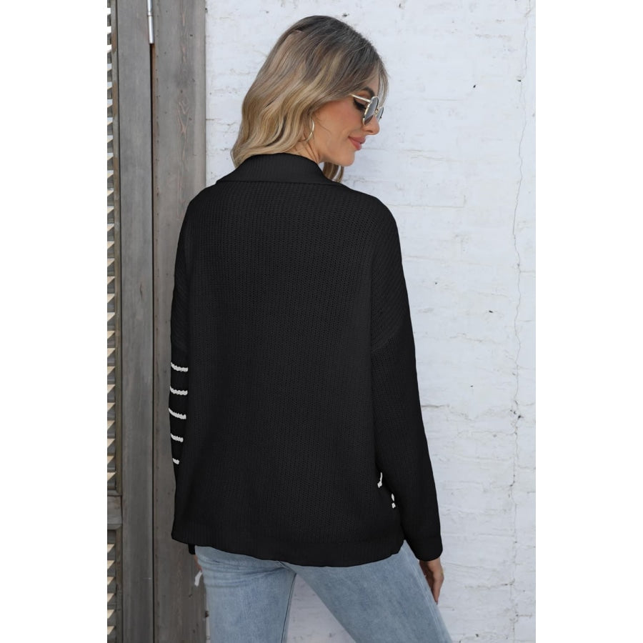 Ribbed Notched Neck Striped Long Sleeve Sweater