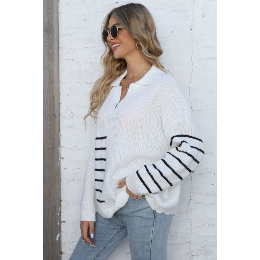 Ribbed Notched Neck Striped Long Sleeve Sweater