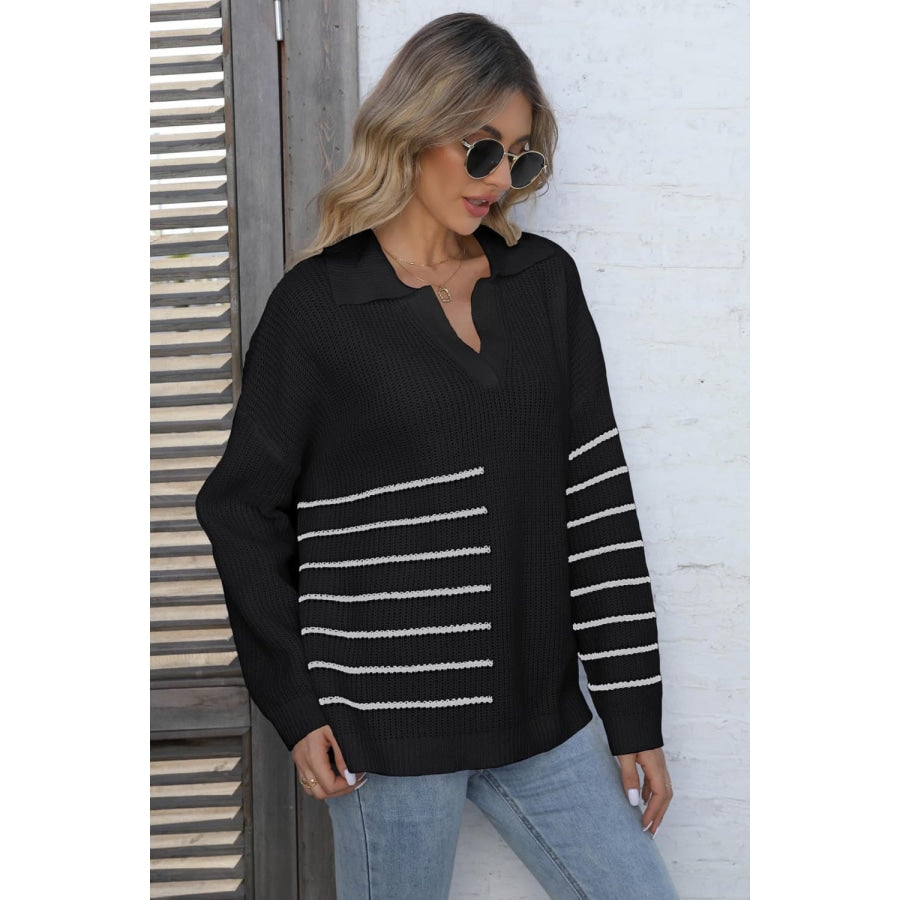 Ribbed Notched Neck Striped Long Sleeve Sweater