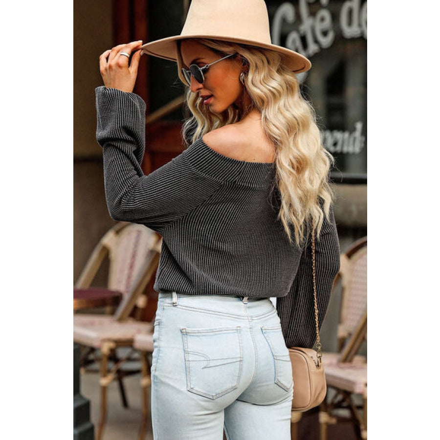 Ribbed Off Shoulder Balloon Sleeve T-Shirt Clothing