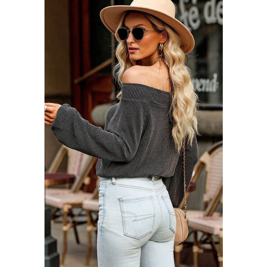 Ribbed Off Shoulder Balloon Sleeve T-Shirt Clothing