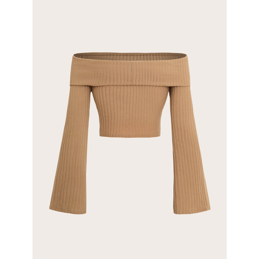 Ribbed Off-Shoulder Long Sleeve Top Tan / S Apparel and Accessories