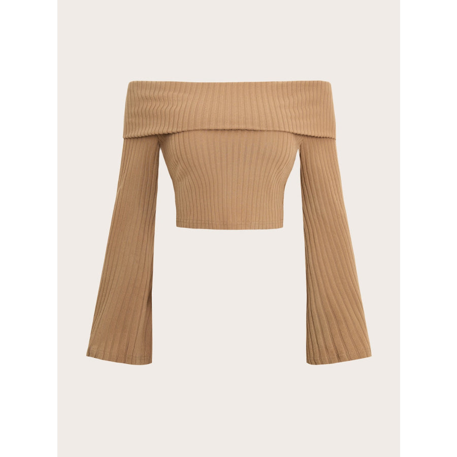 Ribbed Off-Shoulder Long Sleeve Top Tan / S Apparel and Accessories