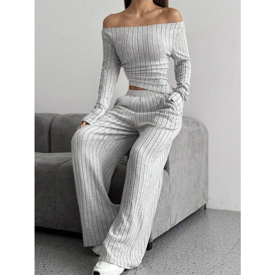 Ribbed Off-Shoulder Top and Pants Set Apparel and Accessories