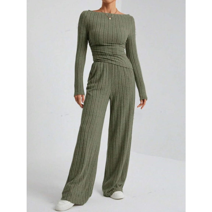 Ribbed Off-Shoulder Top and Pants Set Apparel and Accessories