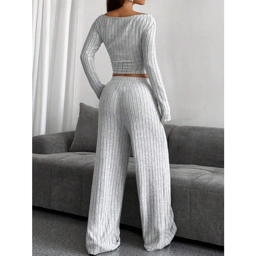 Ribbed Off-Shoulder Top and Pants Set Apparel and Accessories