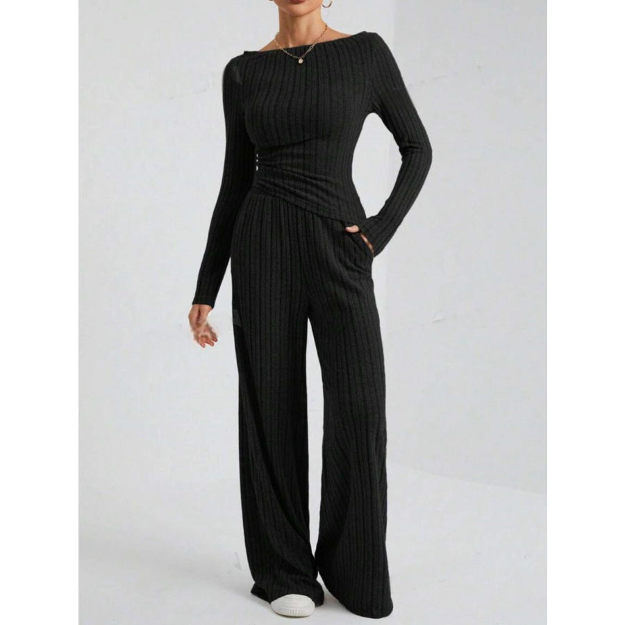 Ribbed Off-Shoulder Top and Pants Set Apparel and Accessories