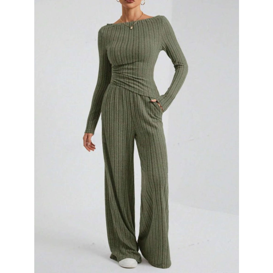 Ribbed Off-Shoulder Top and Pants Set Apparel and Accessories