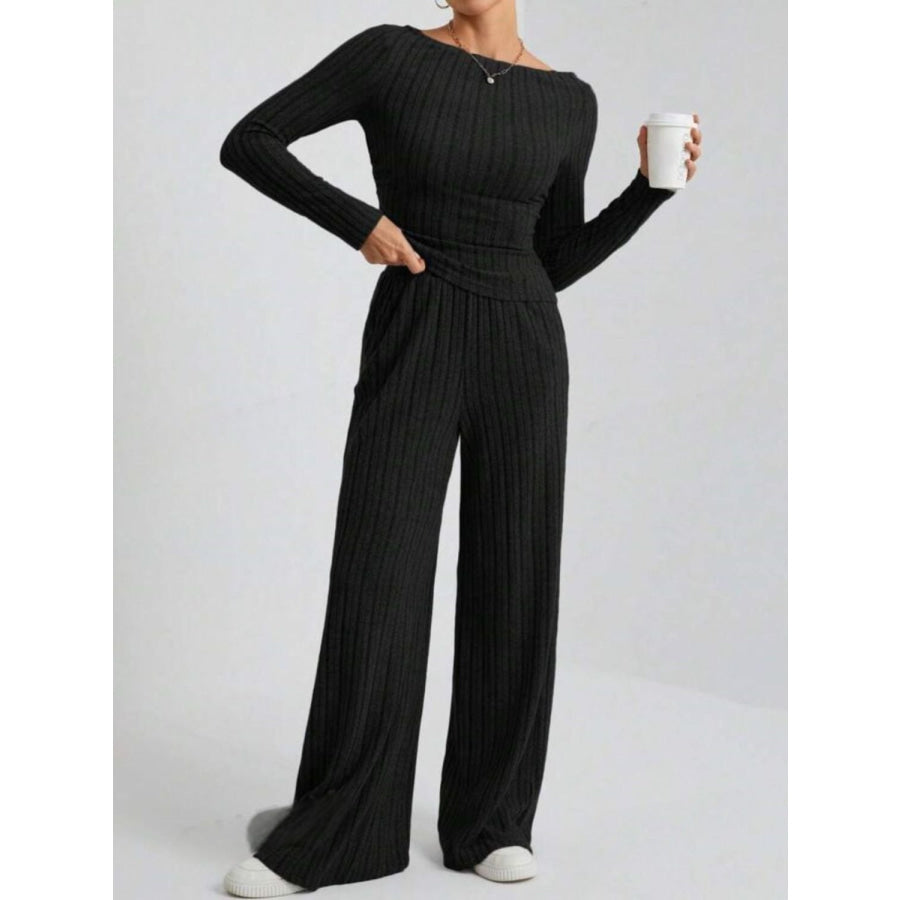 Ribbed Off-Shoulder Top and Pants Set Apparel and Accessories