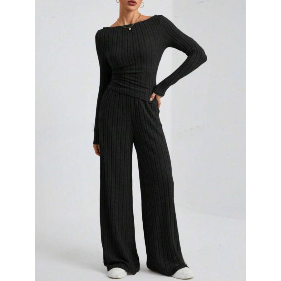 Ribbed Off-Shoulder Top and Pants Set Black / XS Apparel and Accessories