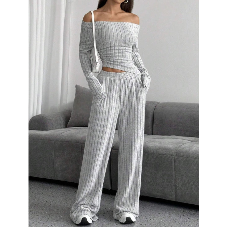 Ribbed Off-Shoulder Top and Pants Set Light Gray / XS Apparel and Accessories