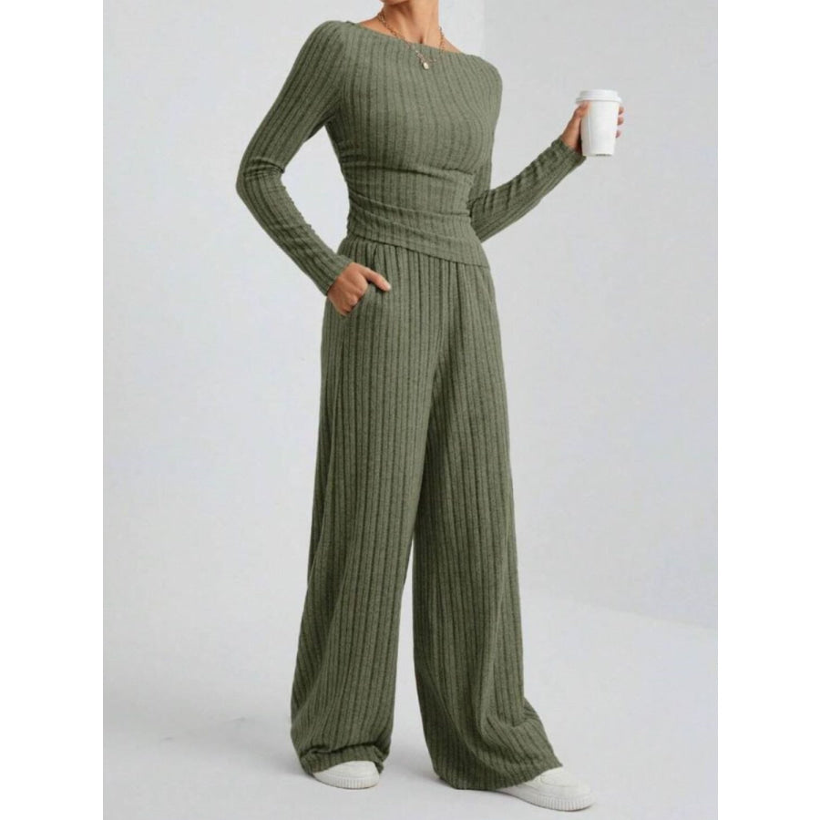 Ribbed Off-Shoulder Top and Pants Set Moss / XS Apparel and Accessories