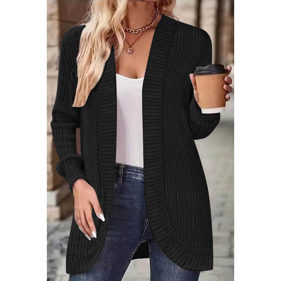 Ribbed Open Front Long Sleeve Cardigan Black / S Apparel and Accessories