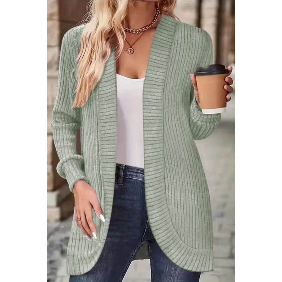 Ribbed Open Front Long Sleeve Cardigan Sage / S Apparel and Accessories