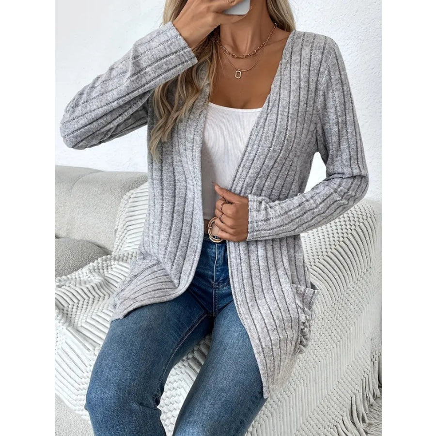 Ribbed Open Front Long Sleeve Cardigan with Pockets Apparel and Accessories