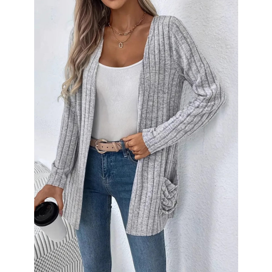 Ribbed Open Front Long Sleeve Cardigan with Pockets Apparel and Accessories