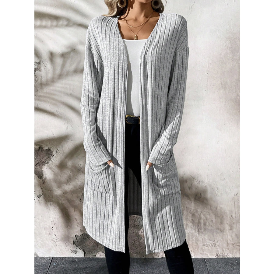 Ribbed Open Front Long Sleeve Cardigan with Pockets Apparel and Accessories