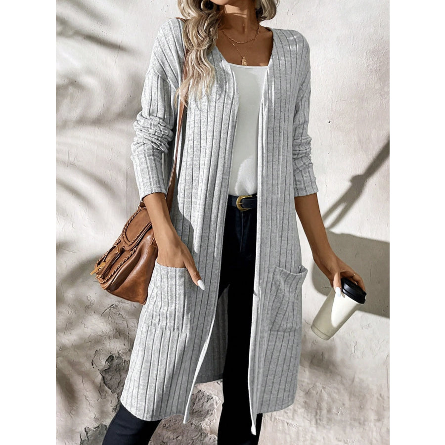 Ribbed Open Front Long Sleeve Cardigan with Pockets Apparel and Accessories