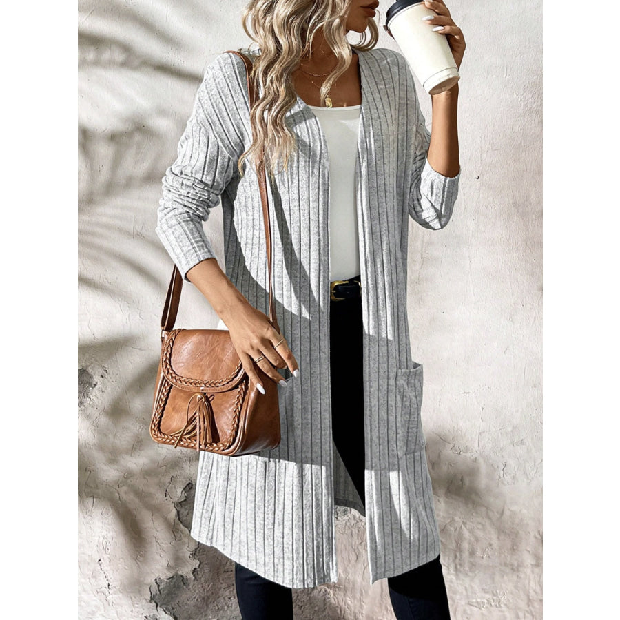 Ribbed Open Front Long Sleeve Cardigan with Pockets Apparel and Accessories