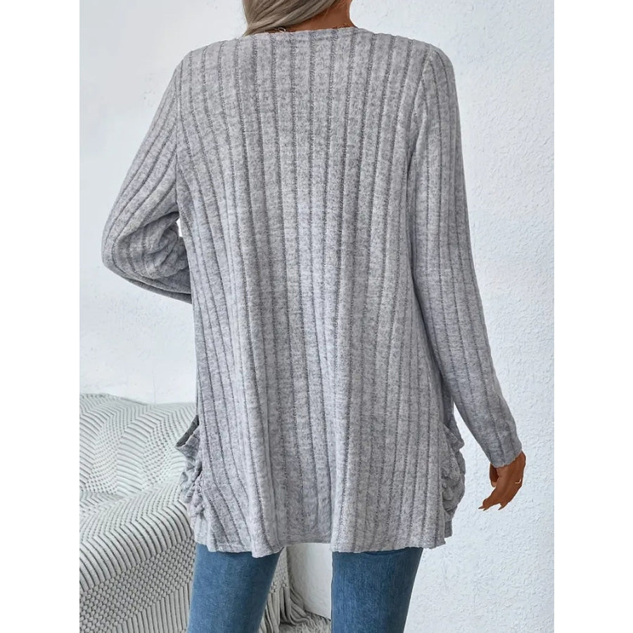 Ribbed Open Front Long Sleeve Cardigan with Pockets Apparel and Accessories