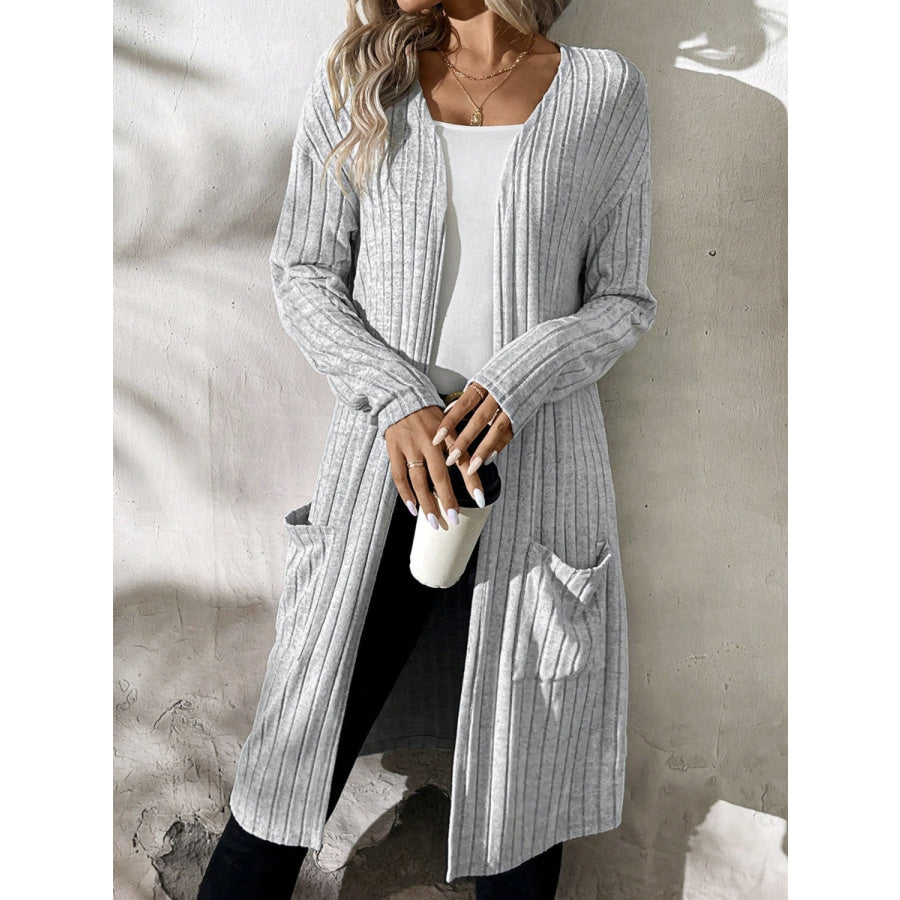 Ribbed Open Front Long Sleeve Cardigan with Pockets Apparel and Accessories