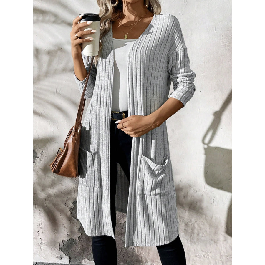 Ribbed Open Front Long Sleeve Cardigan with Pockets Gray / S Apparel and Accessories