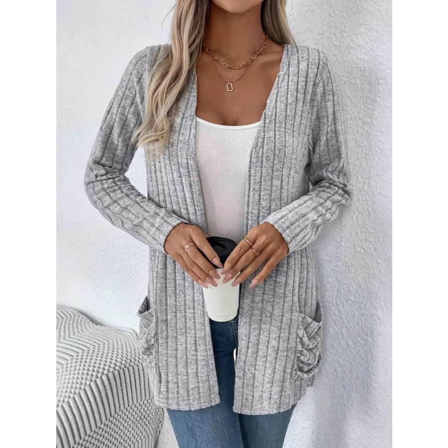 Ribbed Open Front Long Sleeve Cardigan with Pockets Light Gray / S Apparel and Accessories