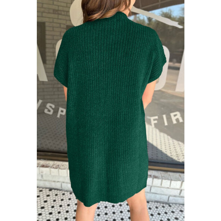 Ribbed Pocketed Mock Neck Short Sleeve Sweater Clothing