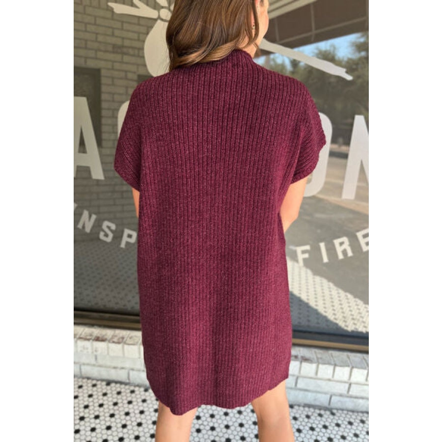 Ribbed Pocketed Mock Neck Short Sleeve Sweater Deep Red / S Clothing