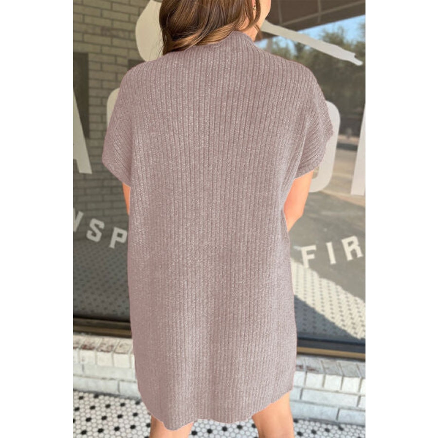 Ribbed Pocketed Mock Neck Short Sleeve Sweater Clothing