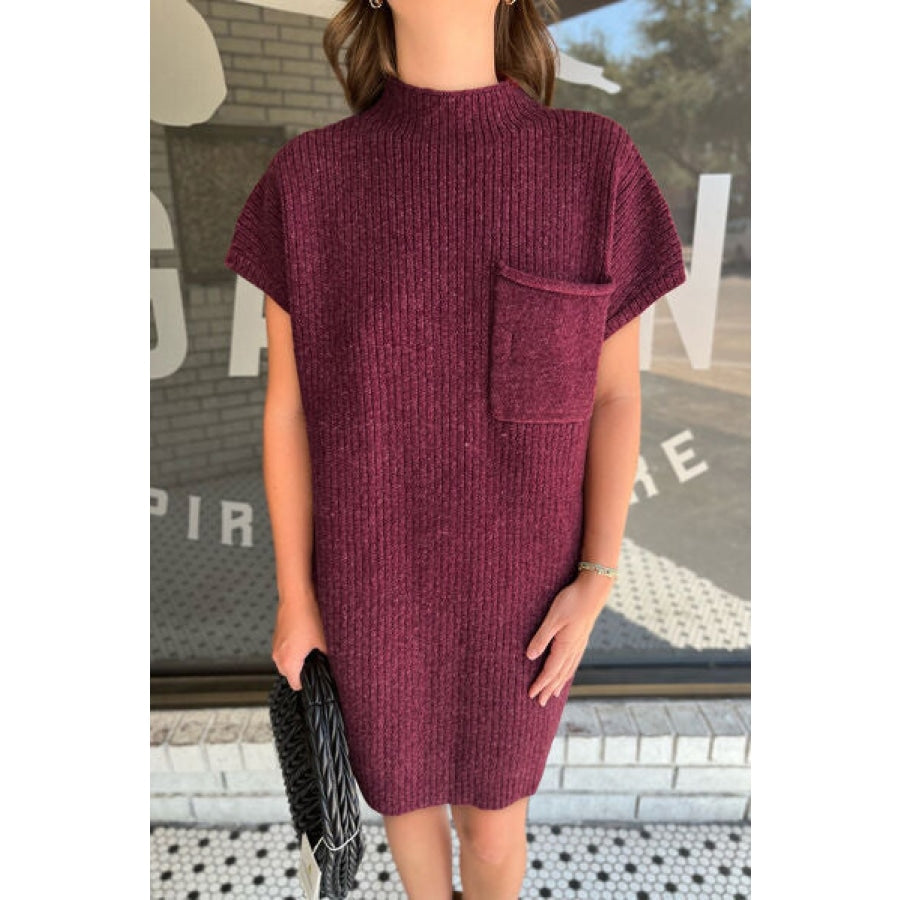 Ribbed Pocketed Mock Neck Short Sleeve Sweater Deep Red / S Clothing
