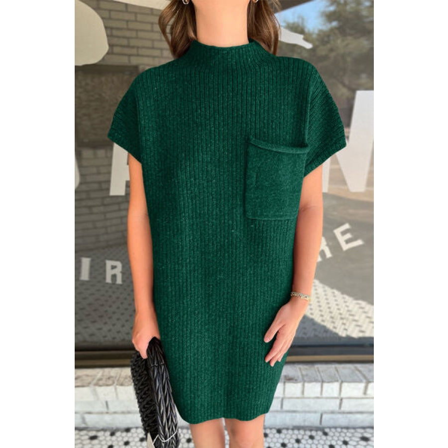 Ribbed Pocketed Mock Neck Short Sleeve Sweater Green / S Clothing