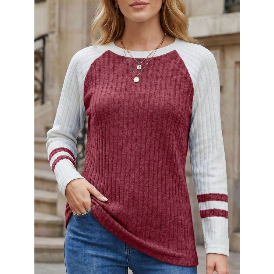 Ribbed Raglan Sleeve T-Shirt Burgundy / S Apparel and Accessories