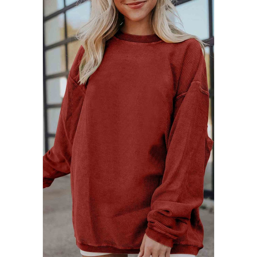 Ribbed Round Neck Drop Shoulder Sweatshirt Brick Red / S