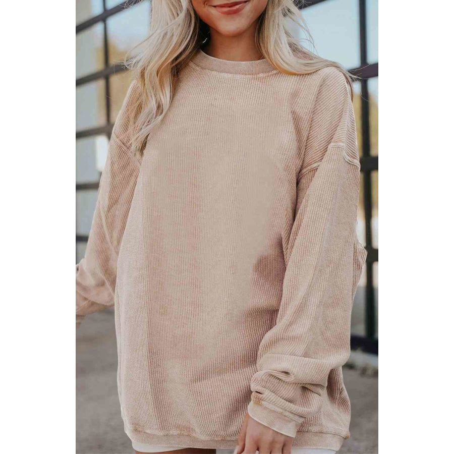 Ribbed Round Neck Drop Shoulder Sweatshirt Khaki / S