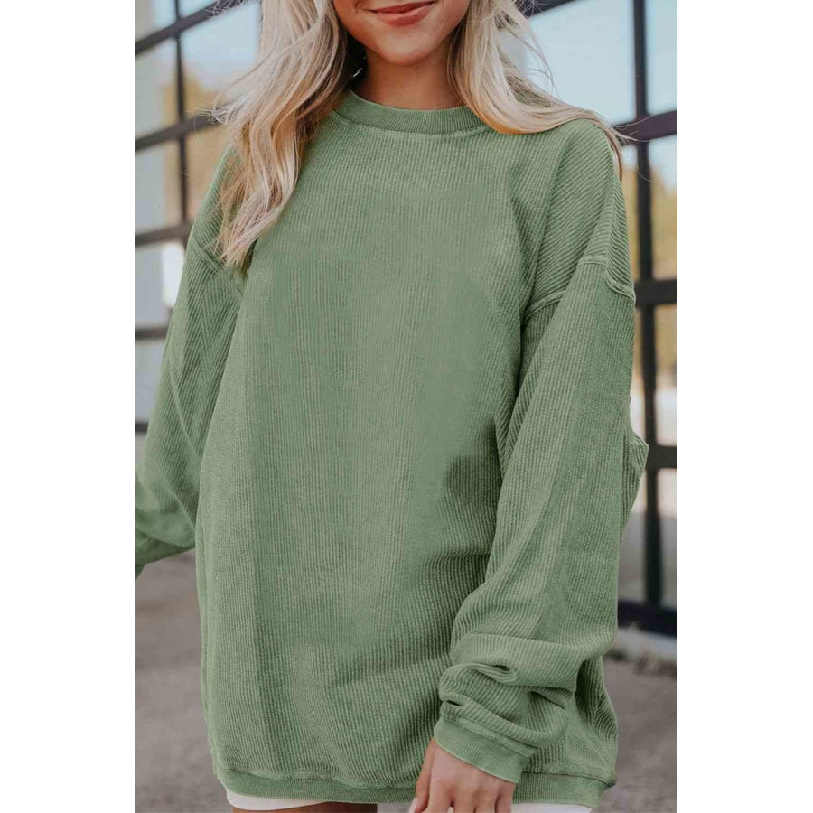 Ribbed Round Neck Drop Shoulder Sweatshirt Sage / S