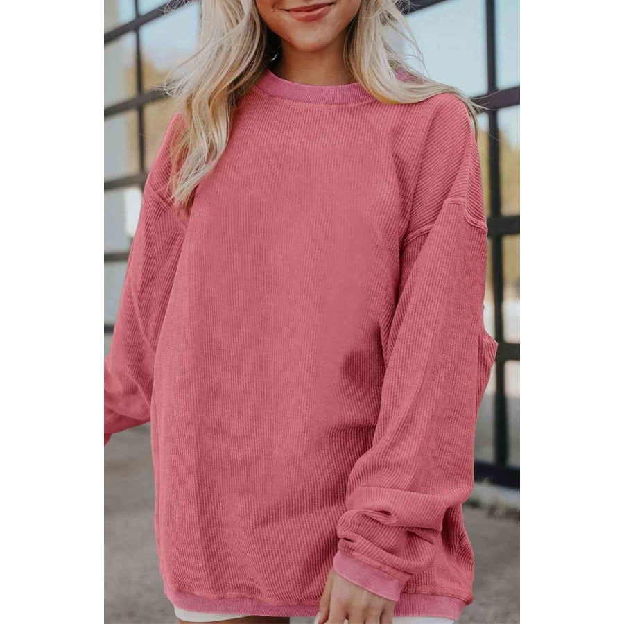 Ribbed Round Neck Drop Shoulder Sweatshirt Strawberry / S