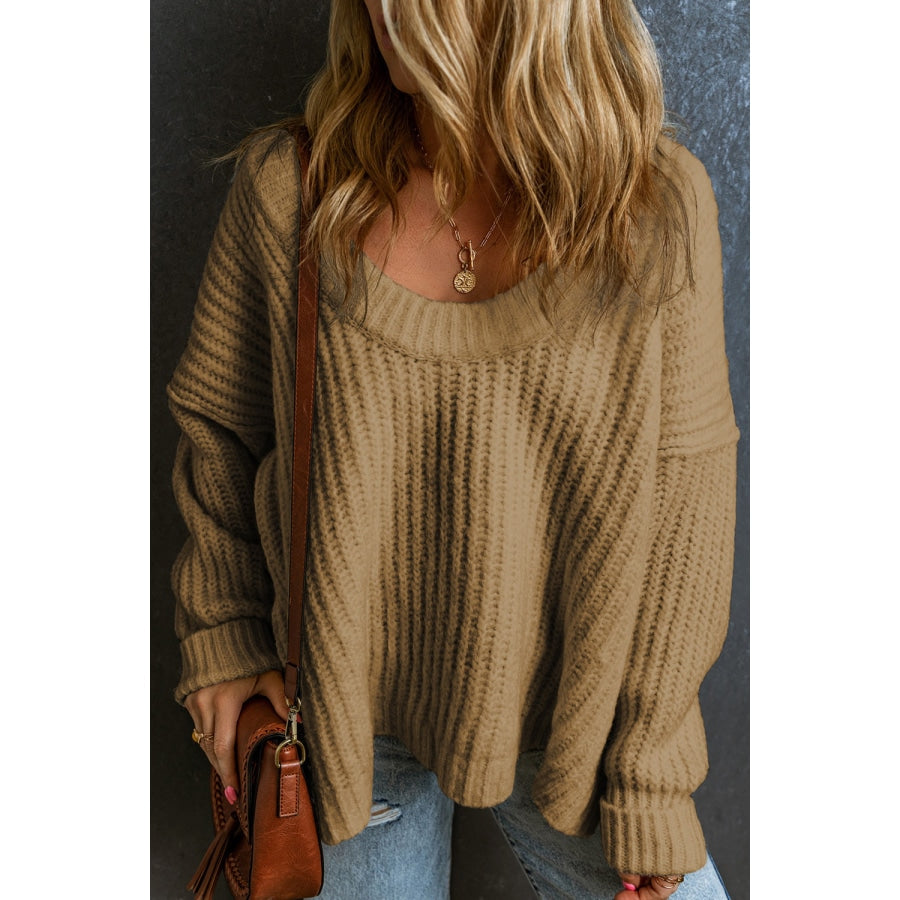 Ribbed Round Neck Dropped Shoulder Sweater Camel / S