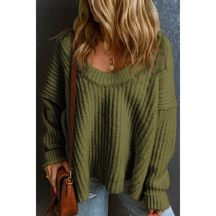 Ribbed Round Neck Dropped Shoulder Sweater Moss / S